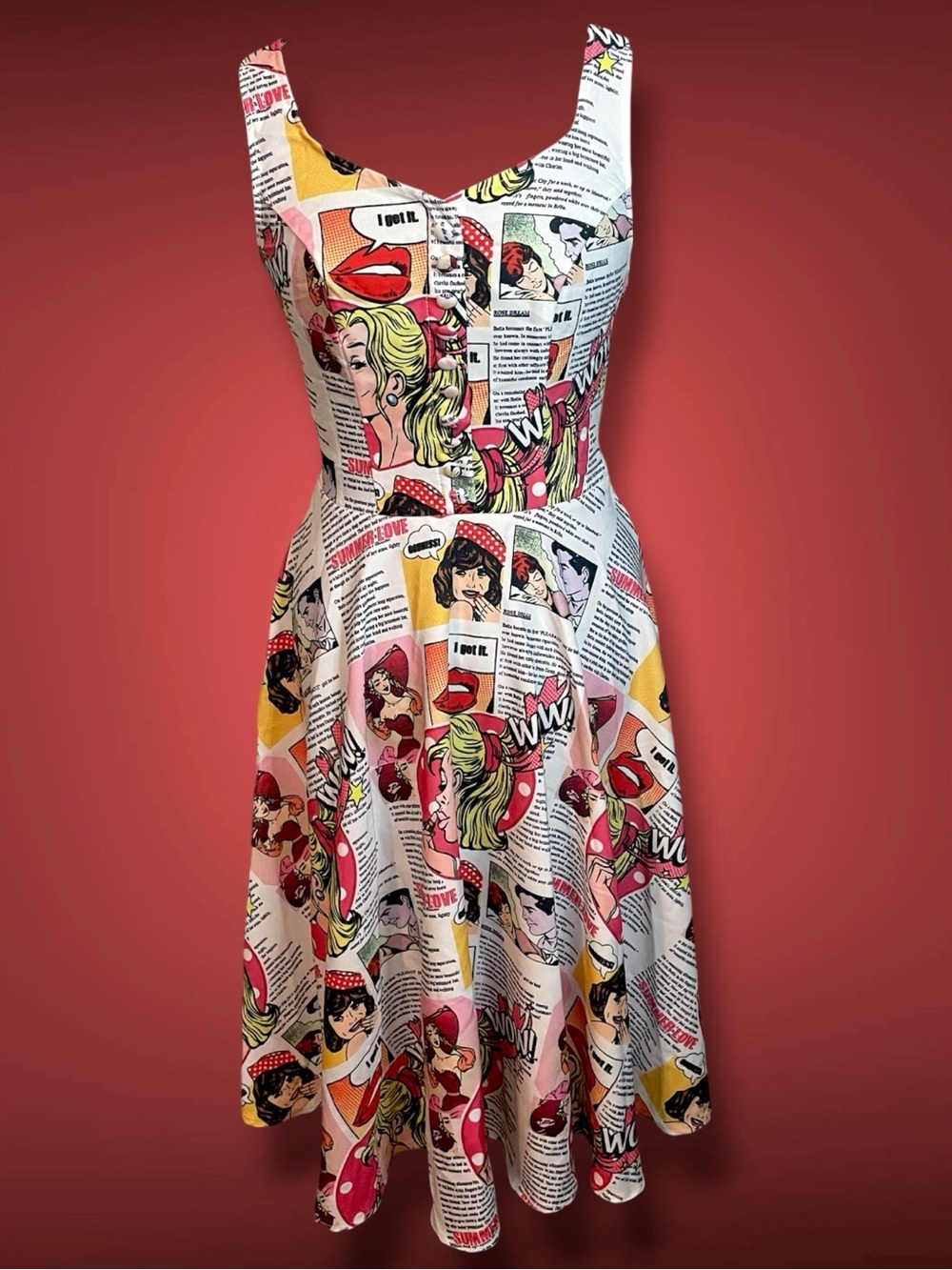 Retro Comic-Print Fit & Flare Midi Dress in White, Red & Yellow
